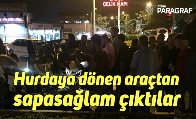 Hurdaya dönen araçtan sapasağlam çıktılar