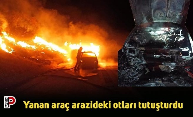 Yanan araç arazideki otları tutuşturdu